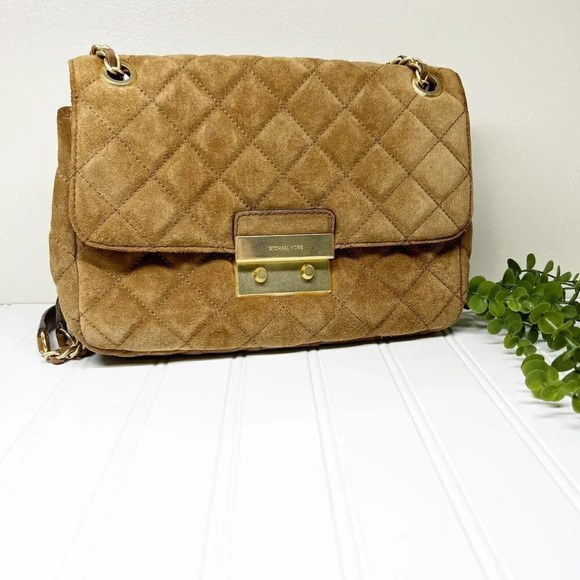 Michael Kors Tan Camel Suede Large Sloan Quilted Leather Shoulder Bag Chain - Picture 5 of 9